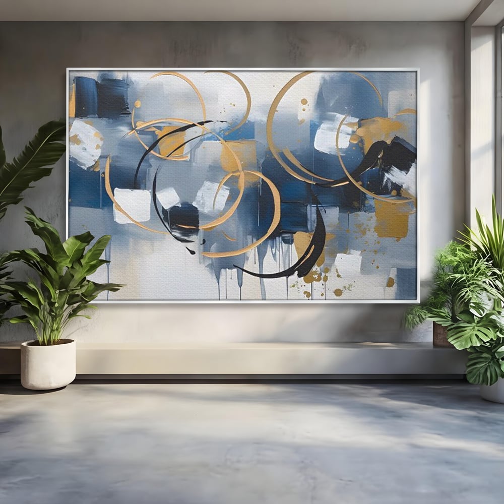 Tablou canvas cu pictura abstracta cu cercuri aurii si albastre, in rama de aluminiu argintiu